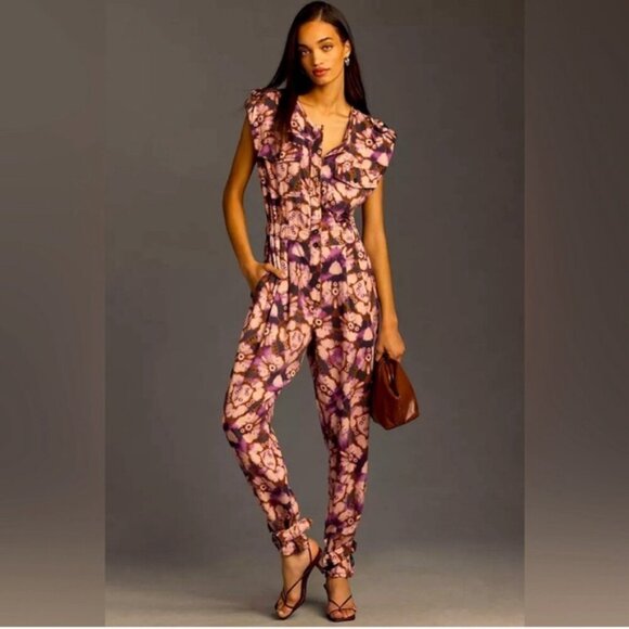 NWOT By Anthropologie Sleeveless Cutout Printed Jumpsuit‎ Purple MEDIUM - Picture 2 of 16